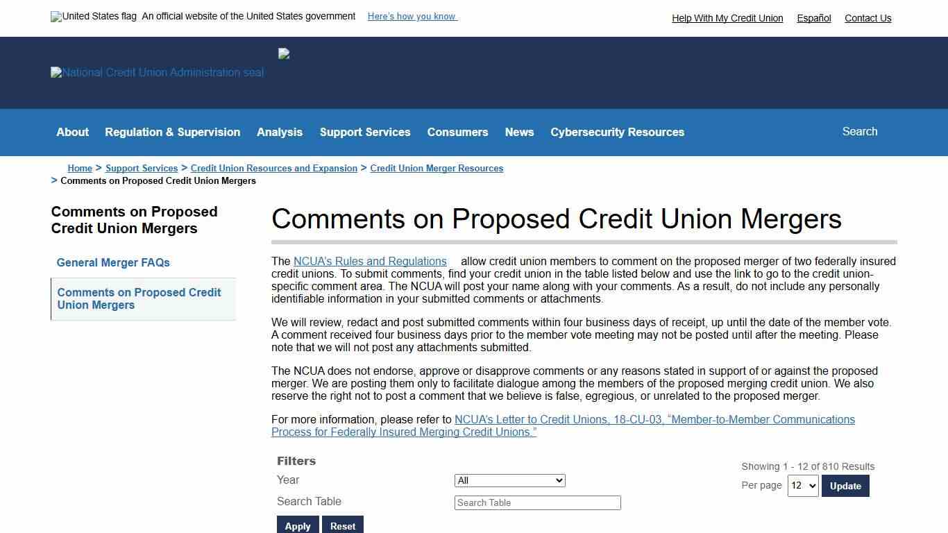 Comments on Proposed Credit Union Mergers NCUA